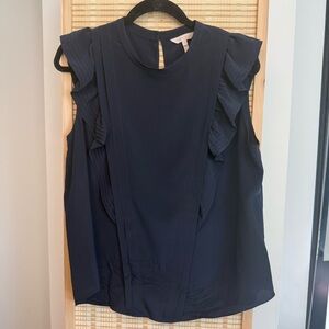 Rebecca Taylor Navy Blue Ruffle Blouse Short Sleeve 100% Silk Top Size XL